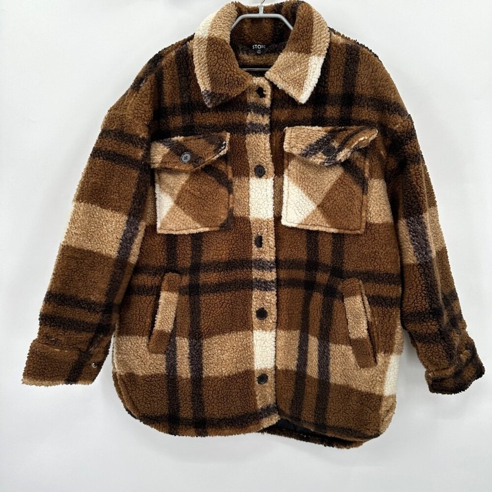 Stoic Oversized Shirt Jacket in Brown Plaid size L Women's Fleece Shacket Button